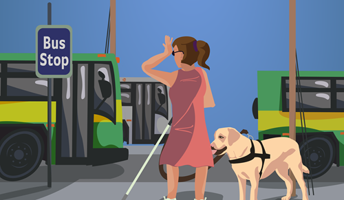 Person with visual impairment confidently waiting for a bus, ensuring accessible transportation