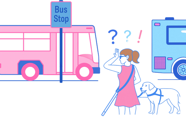Person with visual impairment confidently waiting for a bus, ensuring accessible transportation