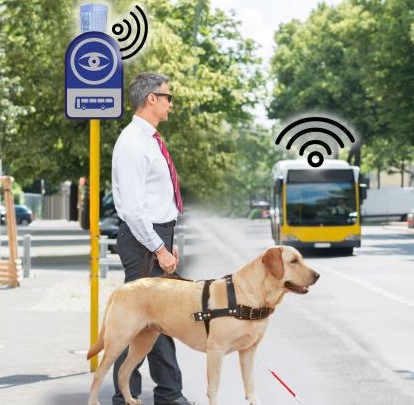 person with visual impairement waiting for a bus