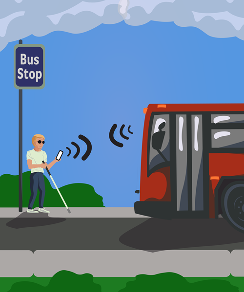 Person with visual impairment waiting for a bus